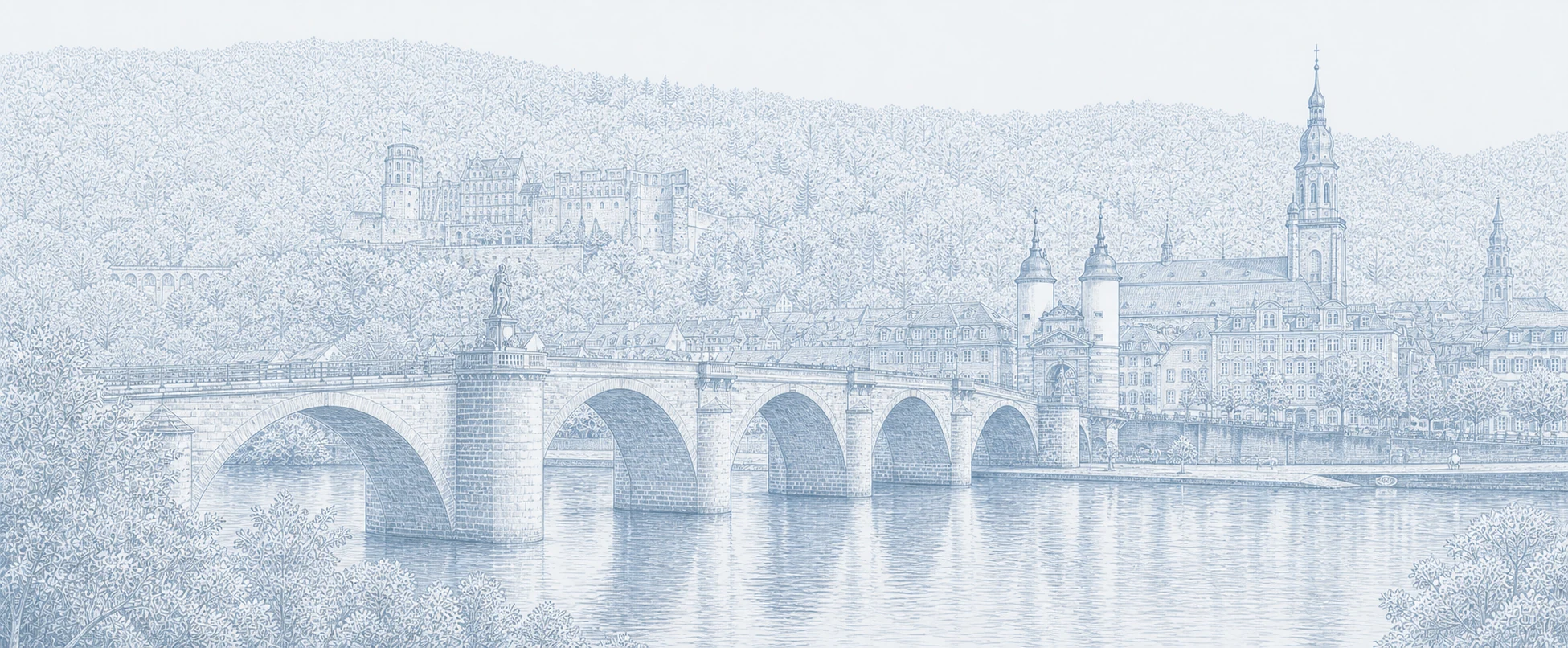 Pale blue line illustration of Heidelberg's Old Bridge across the Neckar