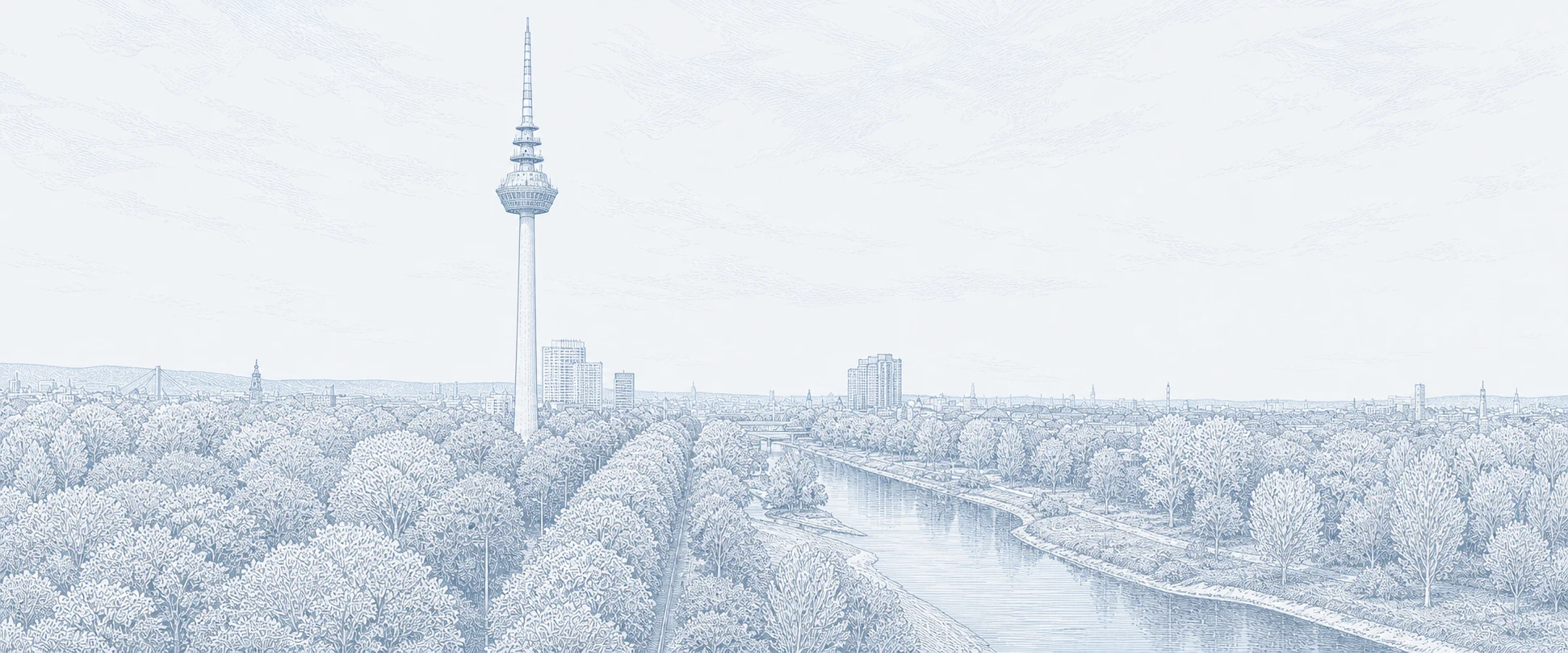 Pale blue line illustration of Mannheim's Fernsehturm beside the Neckar